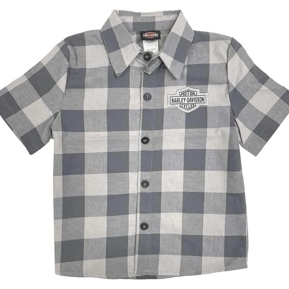 Harley-Davidson Little Boys' B&S Short Sleeve Plaid Flannel Toddler Shirt - Gray